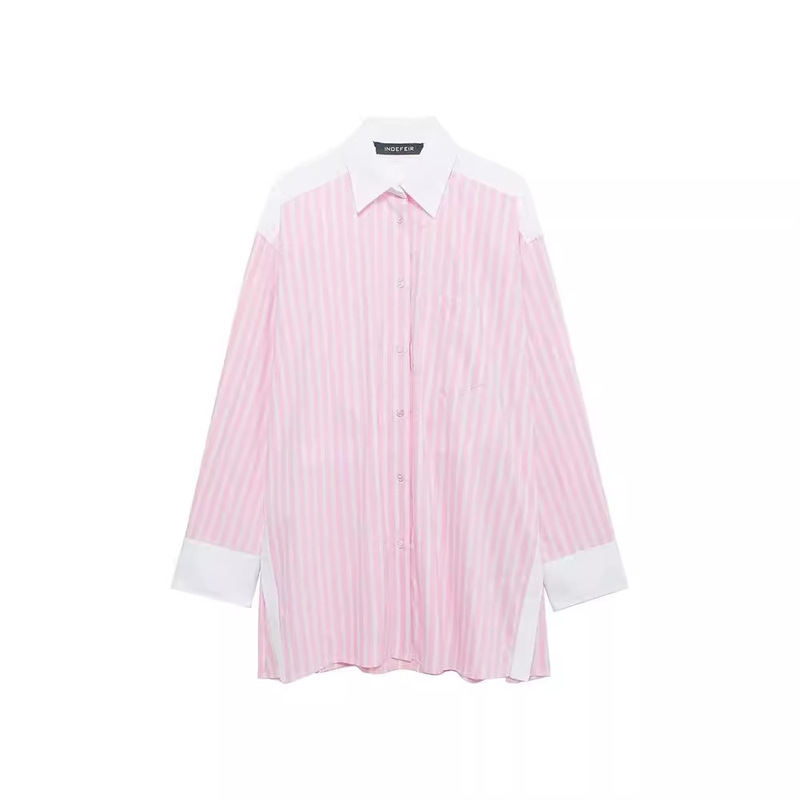 Zadata Women's New French Fashion Loose and Versatile Lapel Stripesd Patchwork Poplin Shirt 4661003
