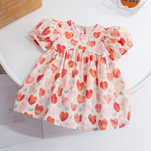 Girls Korean style cute peach color love dress  summer dress puff sleeves floral internet celebrity princess dress