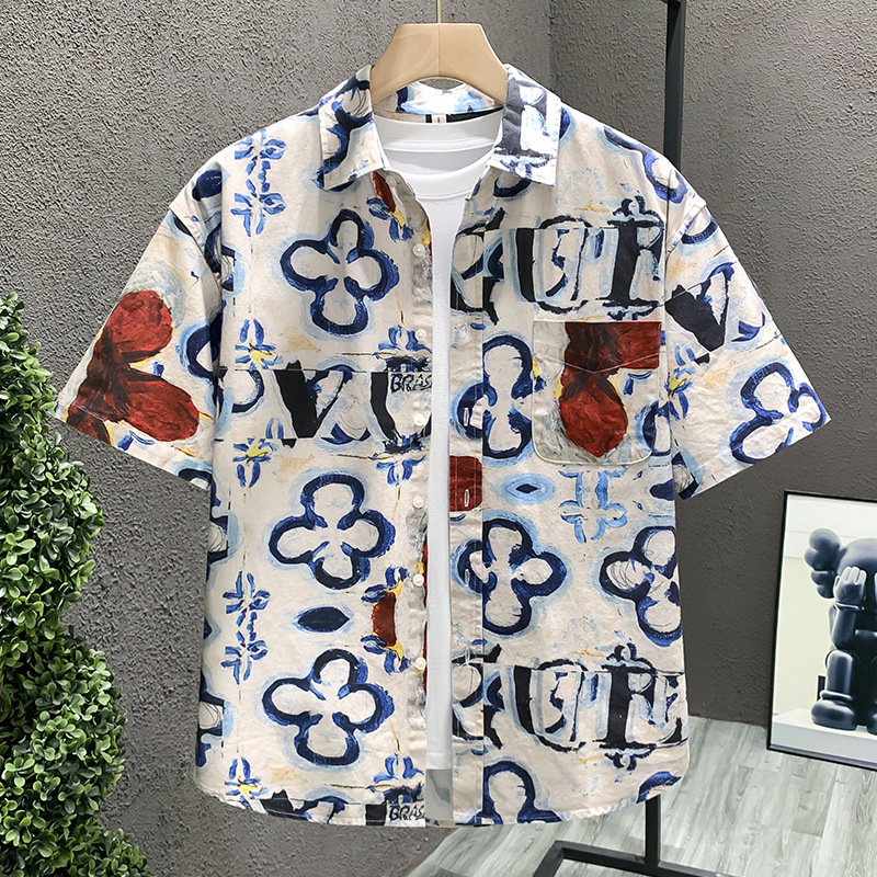 European Accessible Luxury Trendy Brand 2024 New Summer Short-sleeved Shirt Men's High-end Personalized Printed Handsome Half-sleeved Shirt European Accessible Luxury Trendy Brand 2024 New Summer Short-sleeved Shirt Men's High-end Personalized Printed Handsome Half-sleeved Shirt