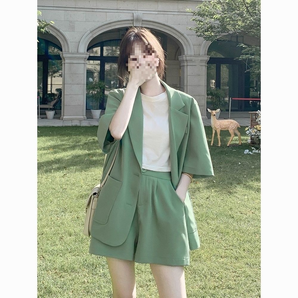 Bộ blazer nữ tay ngắn kèm quần short Hàn Quốc mỏng nhẹ mùa hè — Màu đen [Vải], Cỏ xanh [Vải], Gạo trắng [Vải], Màu hồng [Vải] chi tiết 1