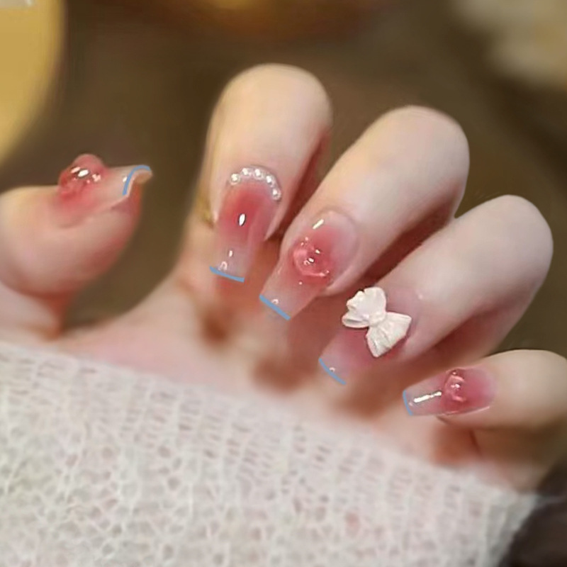 X196 Fake Nail Patch Removable Nail Art Finished UV Color-changing Light-sensitive Peach Heart Butterfly Nail Wearing Nail
