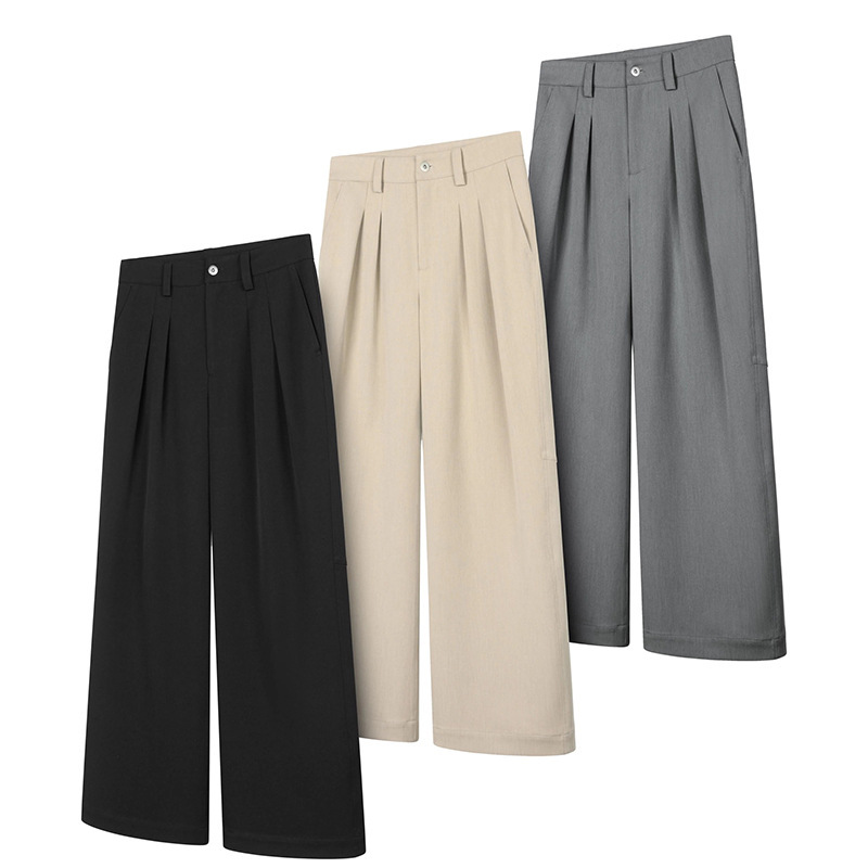 High-end three-dimensional tailoring double pleated A- shaped trousers loose-fitting four-season straight casual trousers YKK zipper