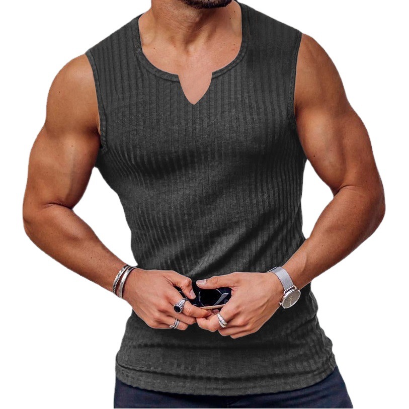 Cross-border Foreign Trade Summer Knitted Vertical Stripe Fitness Sports Leisure Slim Vest Men's I-shaped V-neck Wide Shoulder Vest