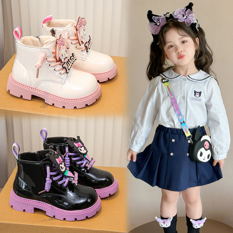 Girls' Kuromi Children's Martin Boots 2025 Autumn/Winter New Princess Short Boots with Fleece, Thickened Cotton Leather Boots for Girls