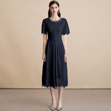 夏季新款女装重工钉钻圆领短袖高级感蕾丝裙通勤气质名媛连衣裙子