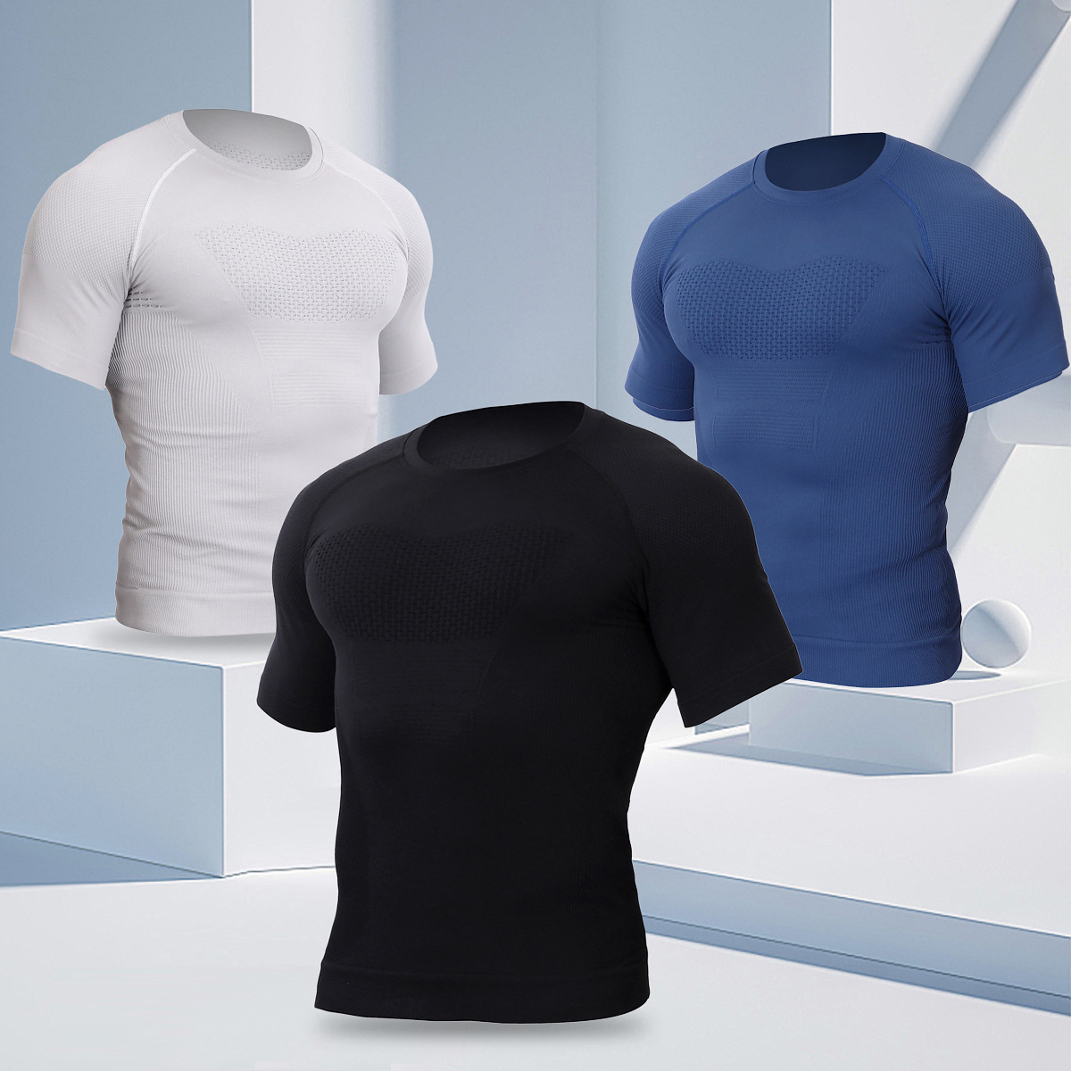 Ropa de ejercicios profesional sin costuras camiseta deportiva de mangas cortas para hombres de verano entrenamiento de carrera secado rápido compresión apertado chaqueta al aire libre