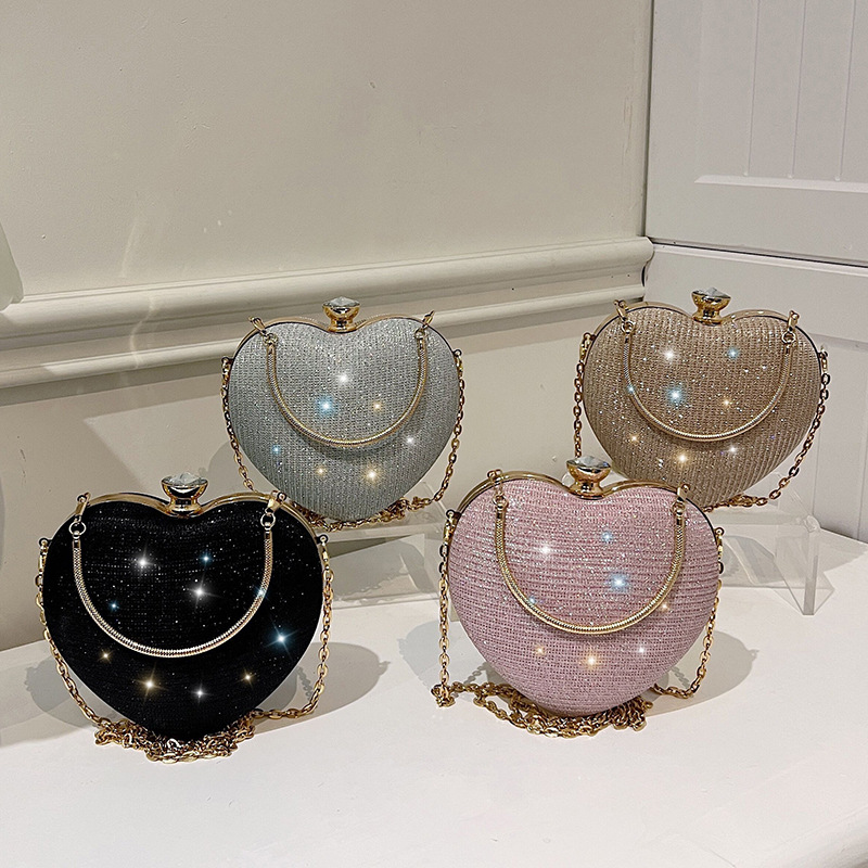Women's New Evening shaped Chain Fashion Peach Heart Diamond Inlaid Metal Handheld Diagonal Straddle Bag_voghion.com