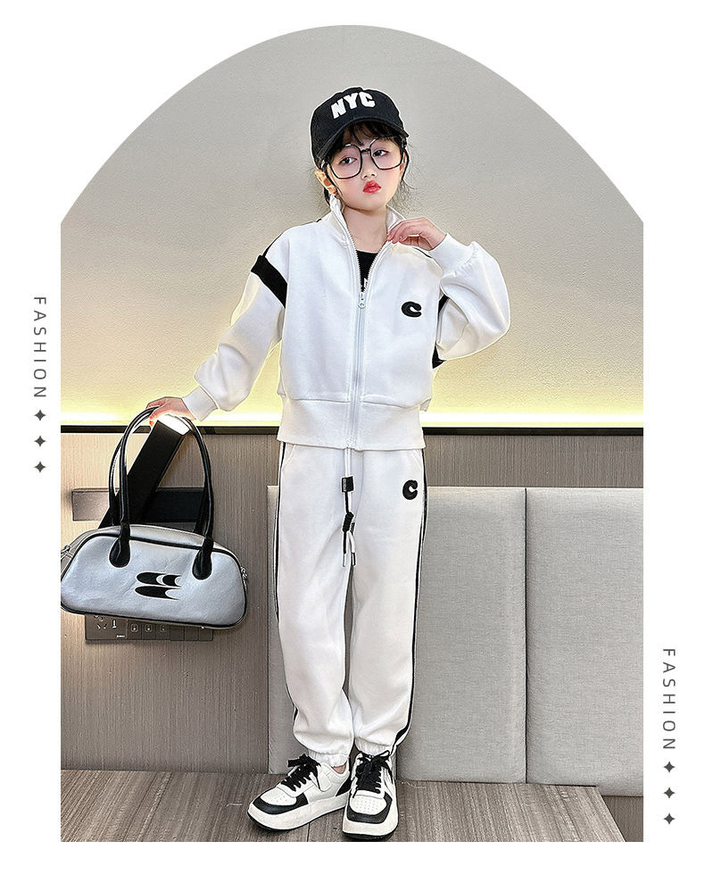 Girls' Auumn Baseball Sui Se 2023 New Mid o Big Kids Fashion Long Sleeve Coa Sraigh Tube Pans Two Piece_voghion.com