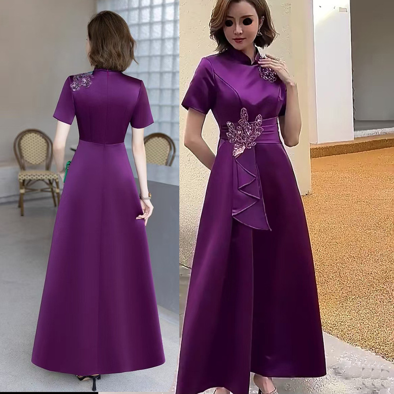 High-End Elegant Mother's Wedding Banquet Dress with Half Sleeves, V-Neck, Ruched Long A-Line Formal Occasion Dress, New Style