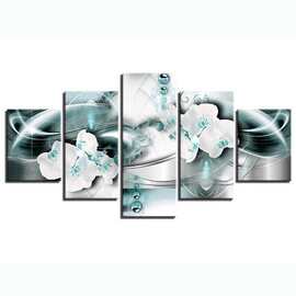 现代简约五联 蓝底白花 喷绘画 创意沙发背景墙装饰画挂画油画