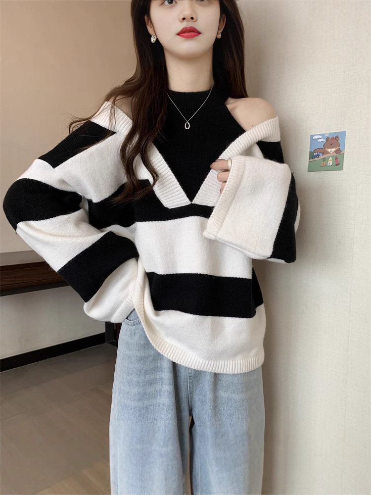 假两件挂脖露肩长袖套头毛衣女2025新款秋冬洋气宽松显瘦别致上衣