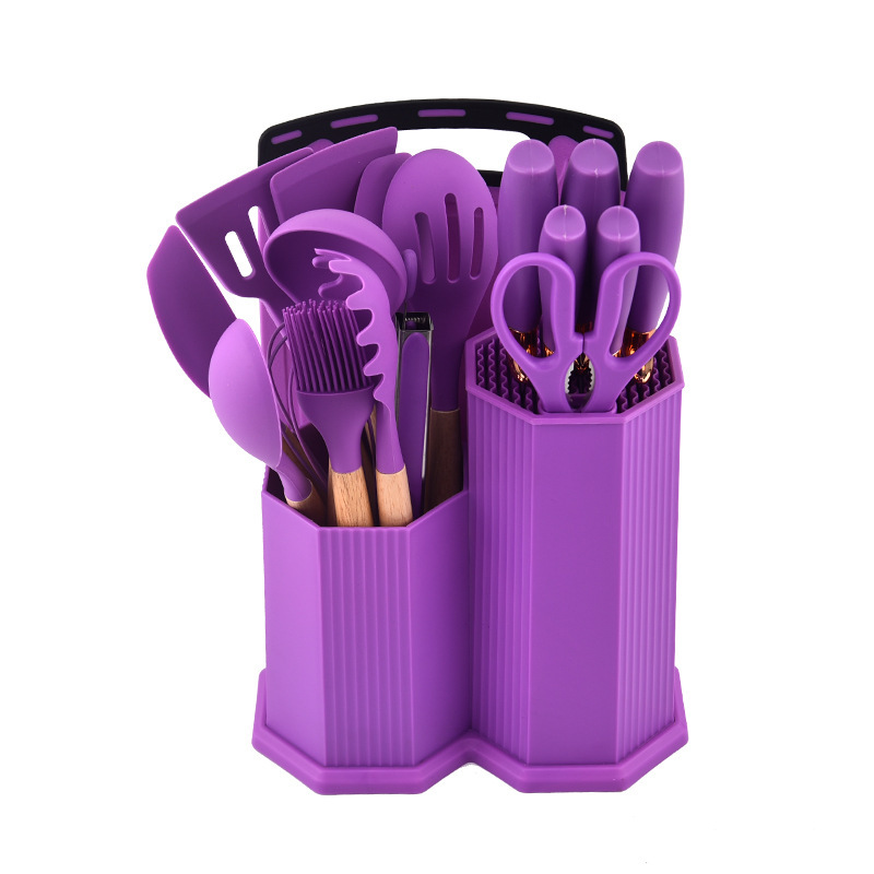 Nuevos productos 19 piezas de fábrica de cocina de silicona venta directa placa adhesiva octogonal doble mango de madera 19 piezas de conjunto de herramientas de corte