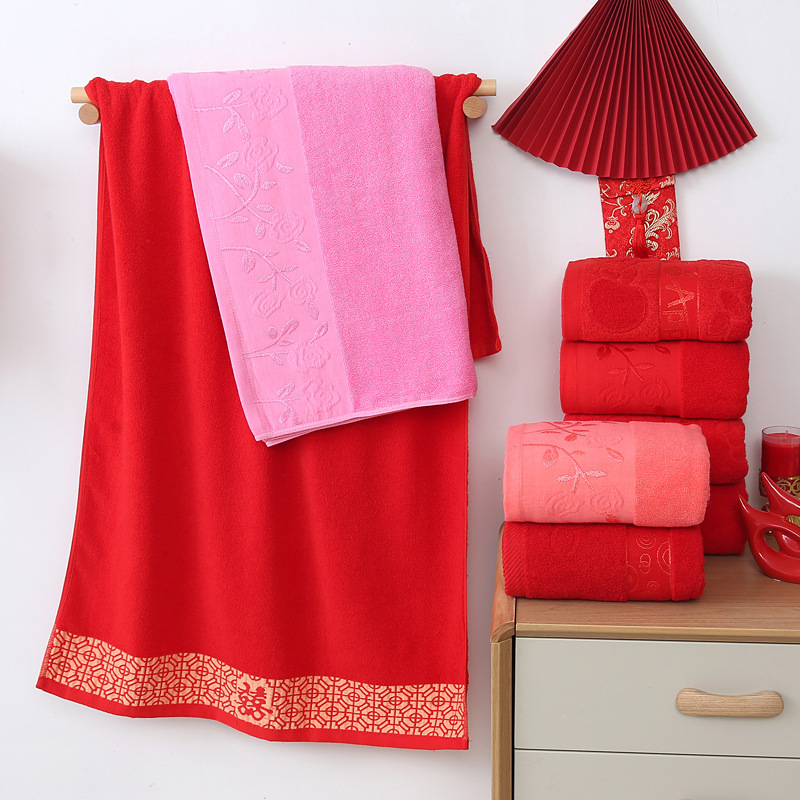 목욕 타월 레드 비 페이딩 코튼 레드 목욕 타월 성인 결혼식 선물 핑크 목욕 타월 70*140 세트
