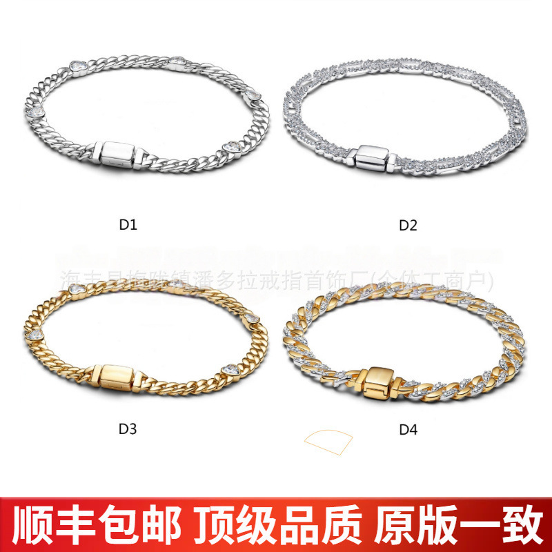 Pandora 925 Sterling Silver Cuban Chain Bracelet with Full Diamond Heart Design, Snake Bone Chain, Gold Base Chain