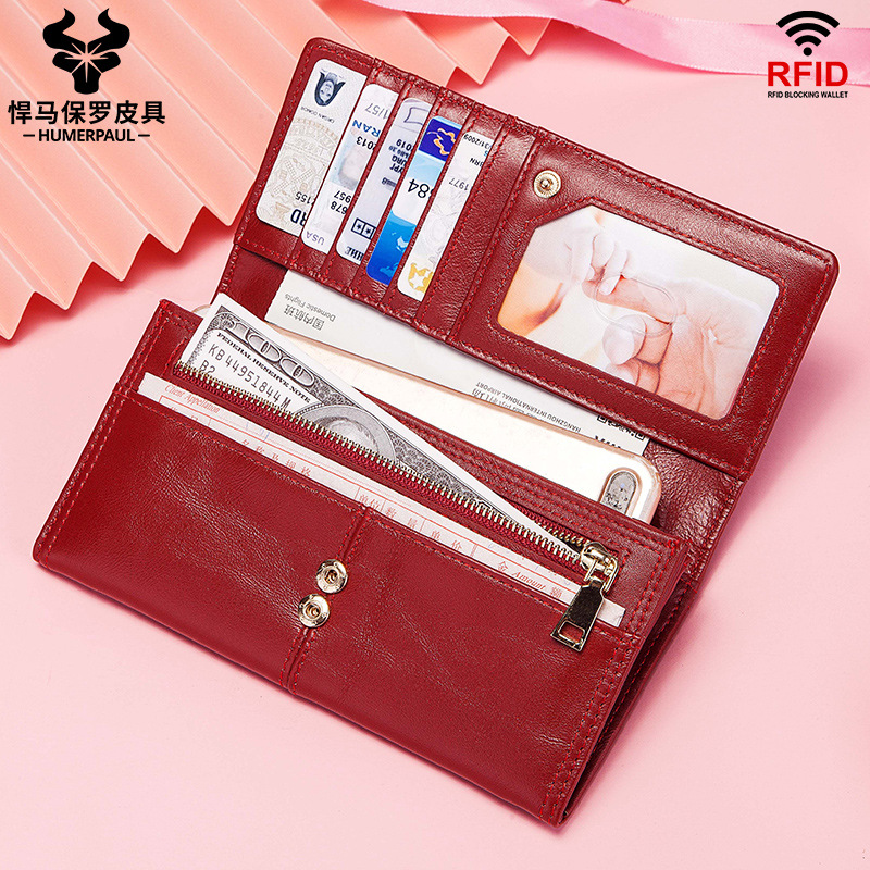新款真皮女士钱包 复古手机零钱手拿包 RFID防盗刷女士长款钱包