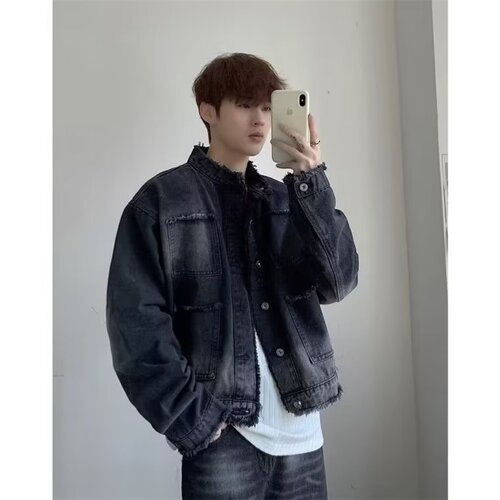Vintage Flared Collar Washed Padded Shoulder Men's Korean Style Autumn Short Jacket Set Trendy