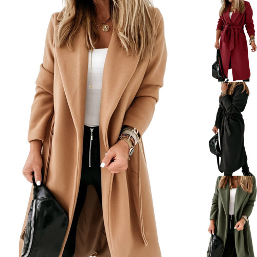 Autumn/Winter New Arrival Extended Length Wool Coat for Women with Wish Plus Size Belted Outerwear