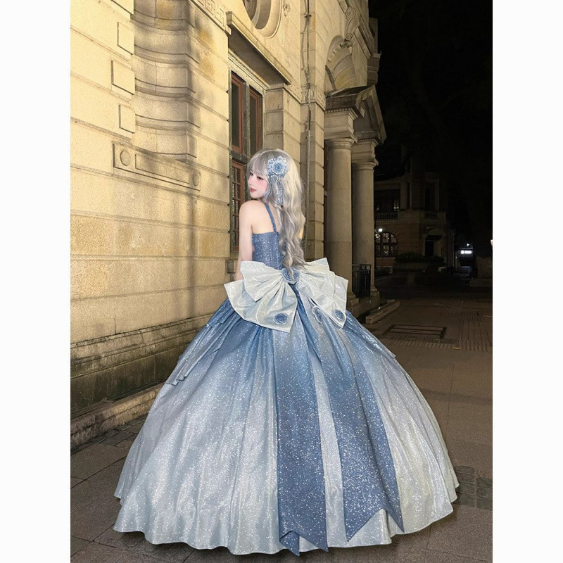 Elegant Blue Wedding Dress with Fine Glitter Loiita Wedding Dress Jsk Lolita Princess Dress