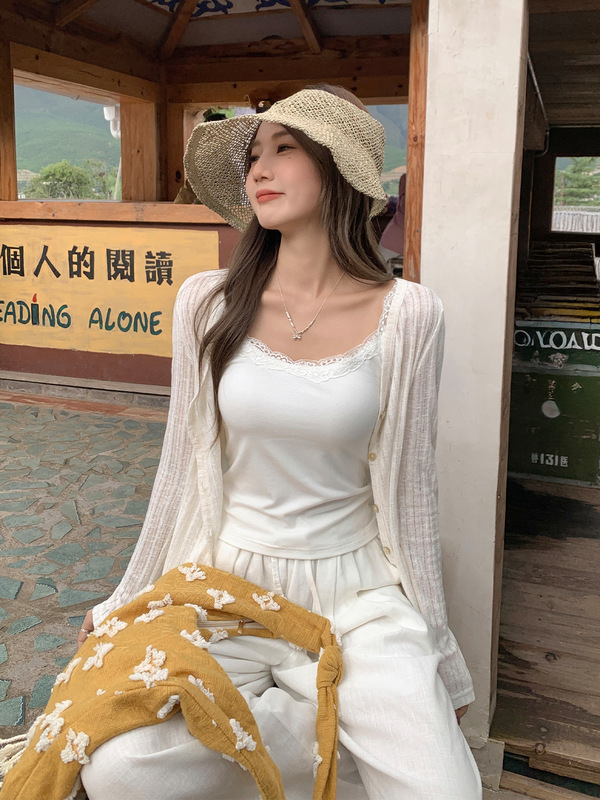 燕麦色V领薄款纽扣开衫外搭女2025早秋新款简约宽松百搭显瘦上衣|undefined