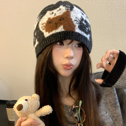 Cartoon Cat Embroidered Knitted Beanie for Girls - Autumn/Winter Fashion, Warm, Windproof, Ear Protection, Face-Smoothing Wool Hat