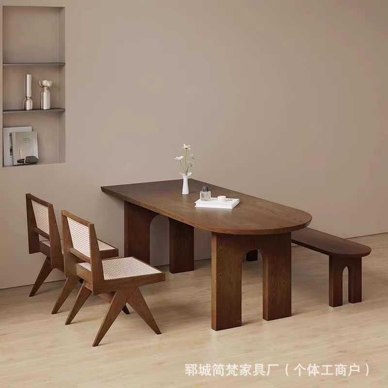 法式中古实木岛台餐桌家用老榆木茶桌靠墙半圆形咖啡桌洽谈接待桌|undefined