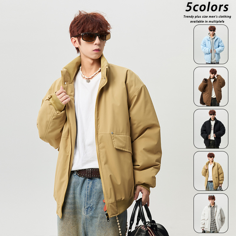 Winter stand-up collar cotton jacket for men, loose-fitting, thickened baseball cotton coat, casual workwear with pockets, water-resistant and warm men's coat