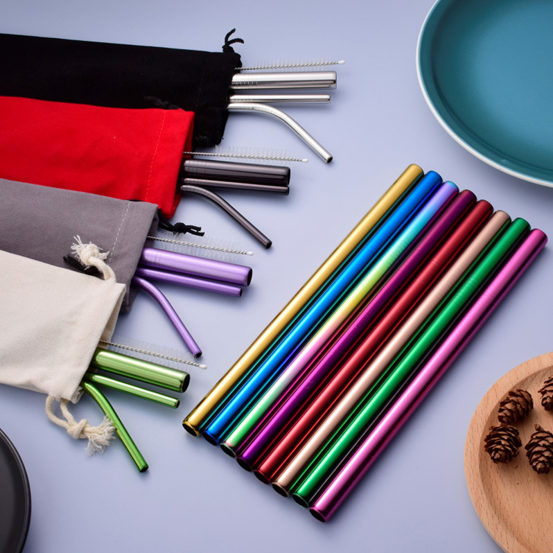304 color de acero inoxidable de paja de metal chapado en titanio leche té paja cóctel bebida creativa traje de paja de yogur