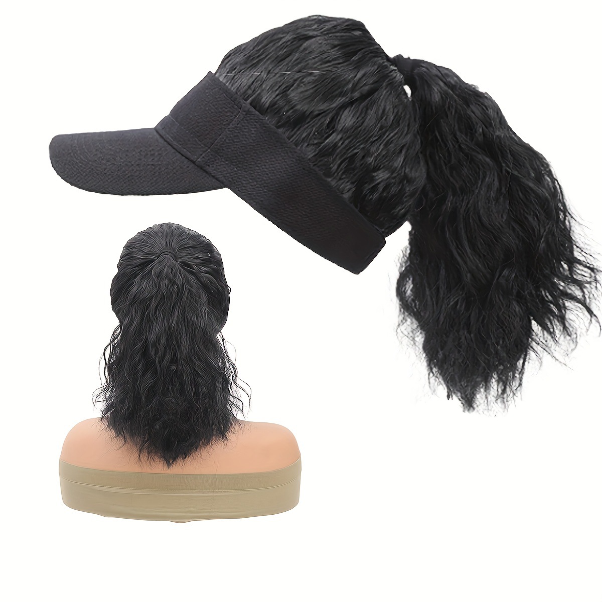 Women's Sun Black Cap Hat Integrated Synthetic Wig Corn Perm Ponytail Slightly Curly_voghion.com