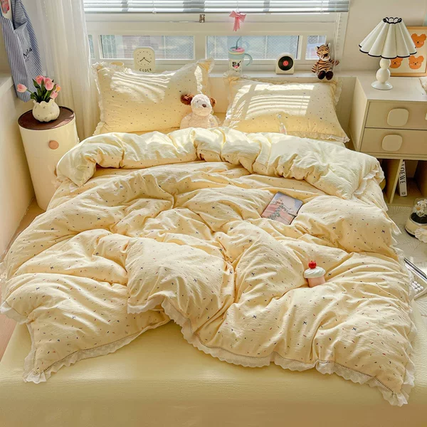Fresh and Simple Style A-Grade Crinkled Gauze Double-Layer Cotton Lace Four-Piece Bedding Set for Single/Double Dormitory Beds