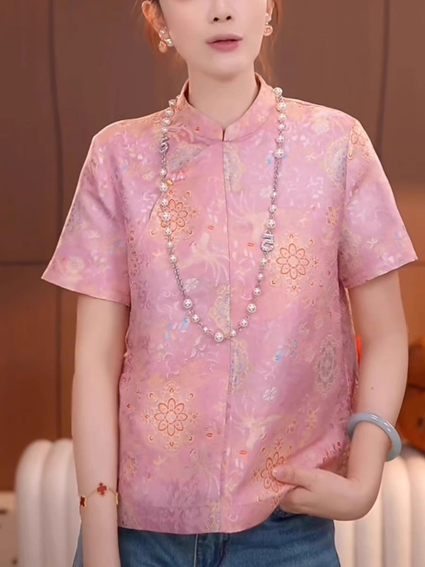 新しい中国風ピンク宋錦ジャカード半袖シャツ女性のための 2025 夏スタンドカラーボタンプリントショルダートップ|undefined