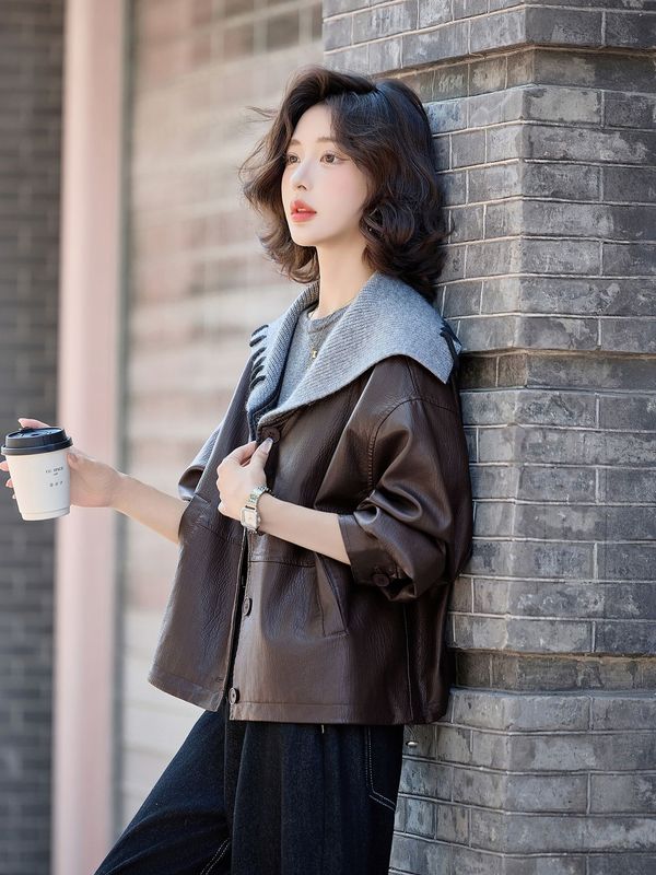 短款休闲配针织披肩宽松皮外套女2025秋季新款长袖女式皮衣ZH2633|undefined