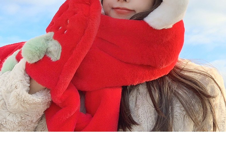 Cappello di Natale per bambini, dolce e carino, sciarpa e guanto di peluche alla fragola, in un unico pezzo, peluche invernale, addensamento caldo tre_voghion.com