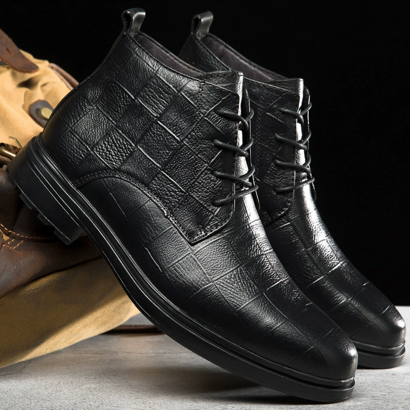 66361 мужская обувь, деловые кожаные сапоги для отдыха, осенне-зимние кожаные сапоги из воловьей кожи с высоким содержанием, чисто черная трансграничная обувь больших размеров, теплые хлопчатобумажные сапоги