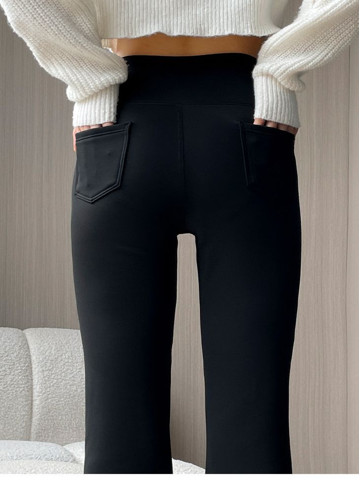 Pantalones acampanados de cintura alta con bolsillos traseros, forro polar, control de abdomen, leggings ajustados para mujer, estilo otoño/invierno, se pueden usar en exteriores, diseño de pantalones tipo shark.
