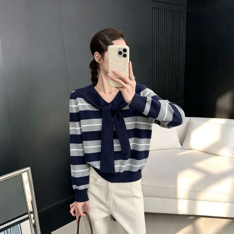 Real shot of autumn's popular striped navy collar tie-up knit sweater for women, loose long-sleeve top, new spring and autumn base shirt