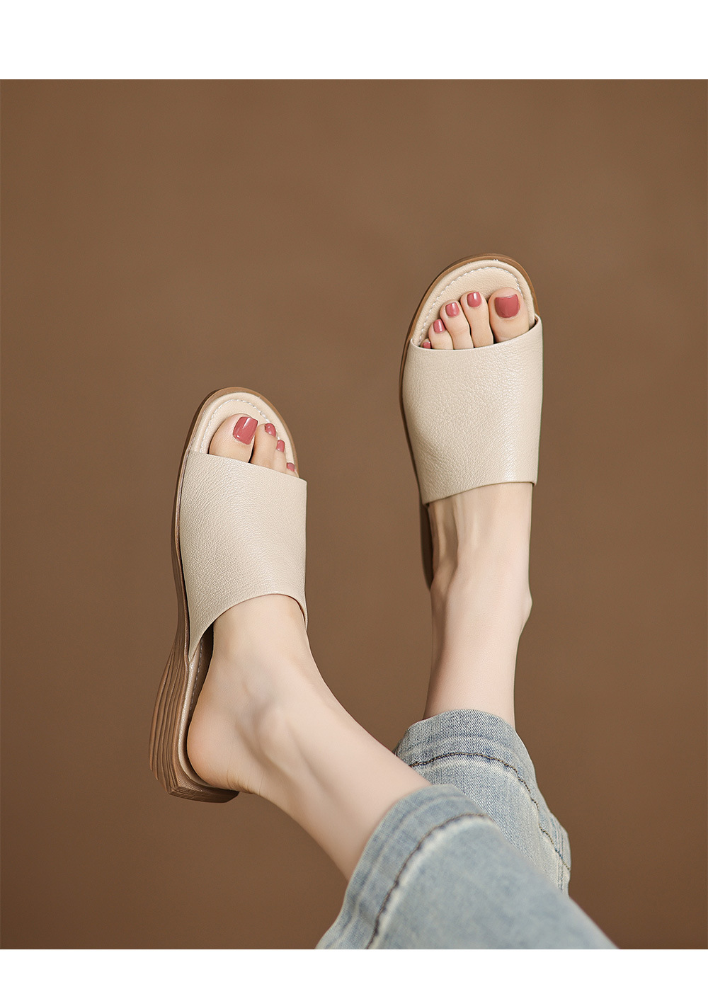 Sandal hở mũi nữ gót thấp da dê mũi vuông quai ngang — màu nâu chi tiết 3
