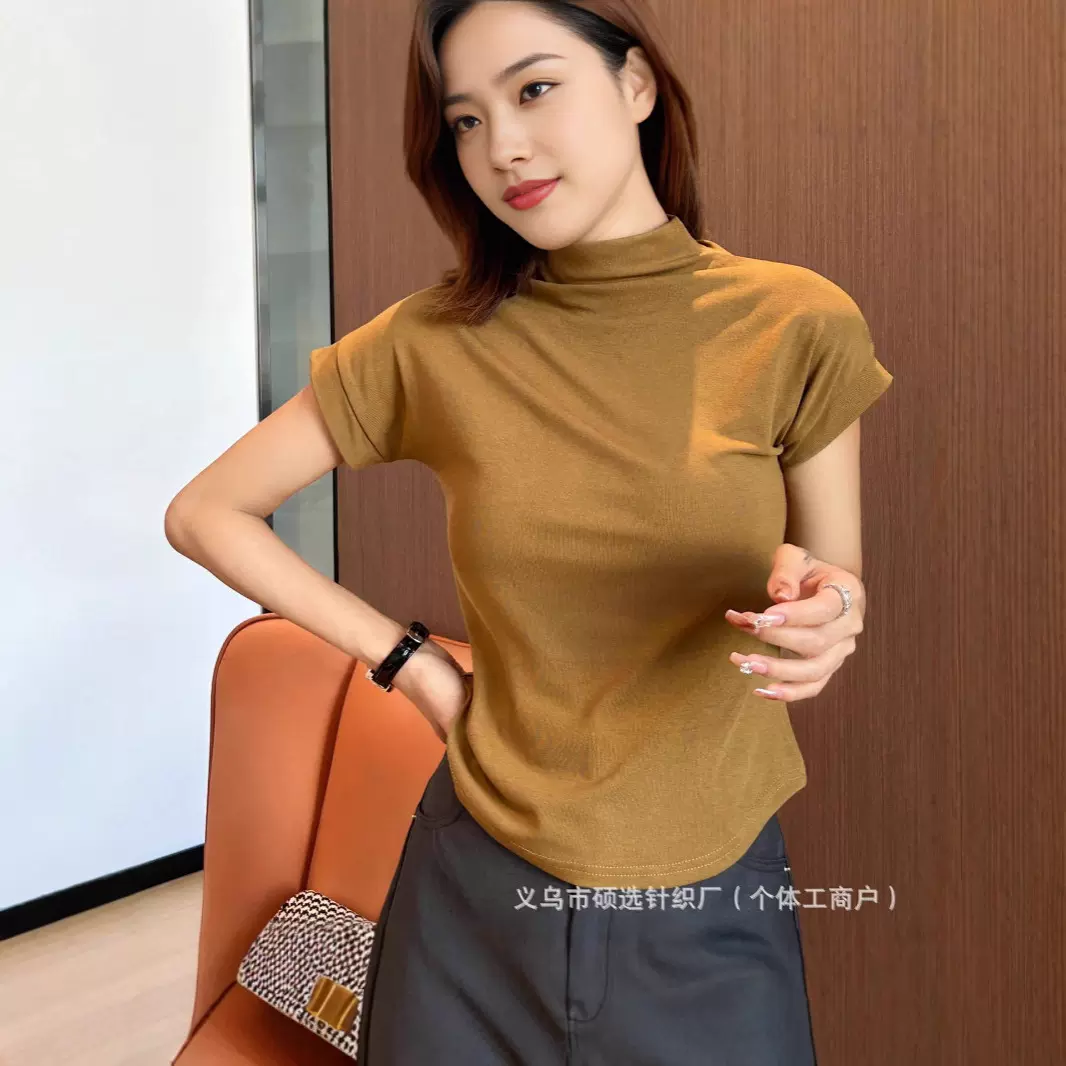 纯欲半高领正肩春款飞机衫短袖T恤女修身显瘦打底衫ins潮内搭上衣
