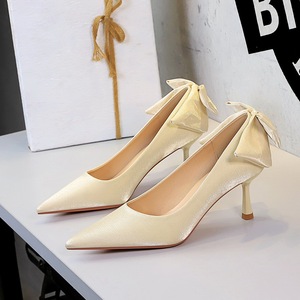 9527-10 European and American style banquet fine heel silk versatile bow pointed shallow mouth single shoe temperament h