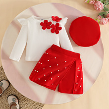 2025欧美甜美婴幼童女孩贴花长袖上衣+钉珠半身裙+贝雷帽套装秋冬