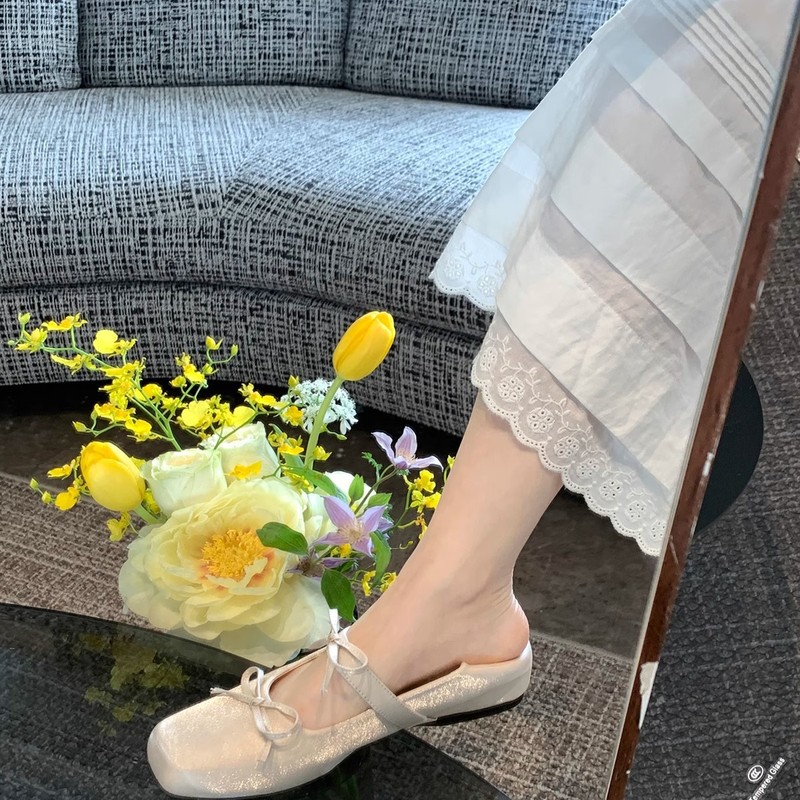 新しいフレンチスタイルのインナー高さのあるサテンバージョンのスクエアトゥダブルリボンバレエシューズ、女性用、多用途の浅い口のメリージェーンシューズ|undefined