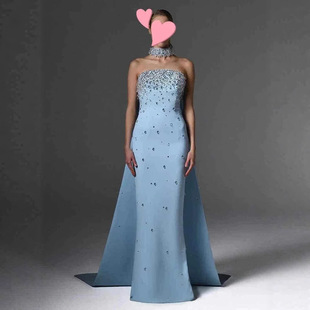European and American Cross-Border Blue Strapless Evening Dress, Foreign Trade Aliexpress Design, Elegant Fishtail Long Gown