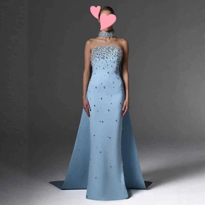European and American Style Strapless Evening Dress, Blue Birthday Dress, Aliexpress Design, Elegant Fishtail Dress, Banquet Party Long Dress