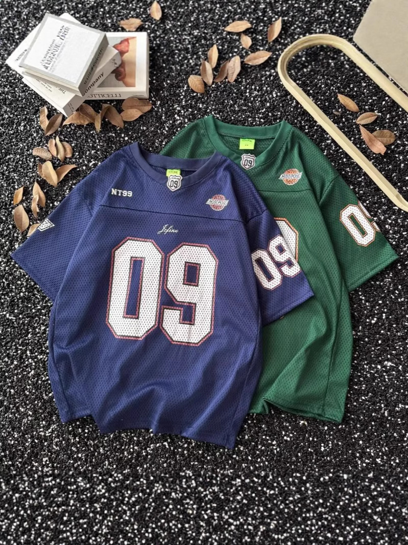 Unisex vintage mesh V-neck football jersey T-shirt detail 1
