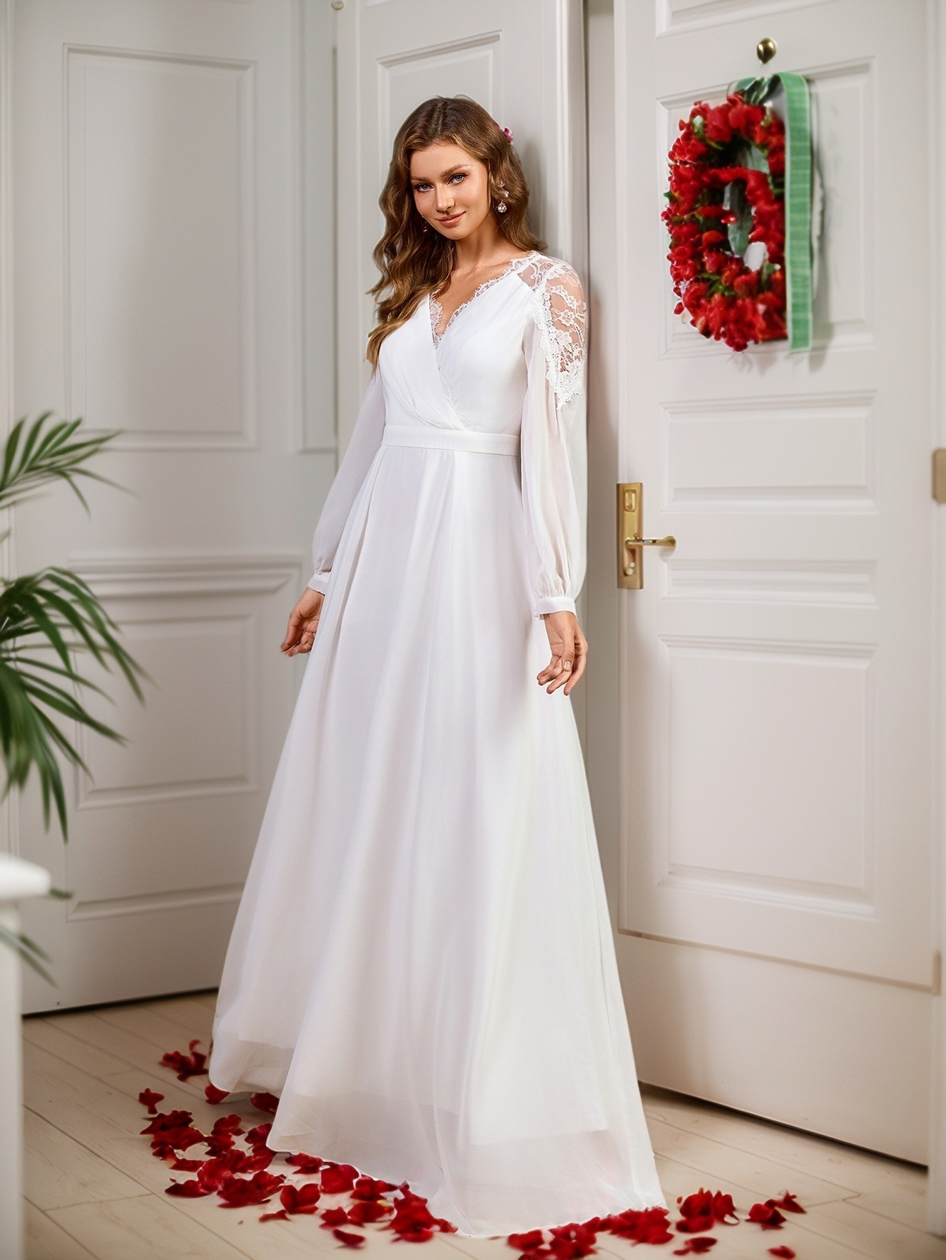 Nuevo Europa y América Hot Sale Amazon vestido de encaje empalmado cintura larga noble vestido de noche vestido de novia chiffon