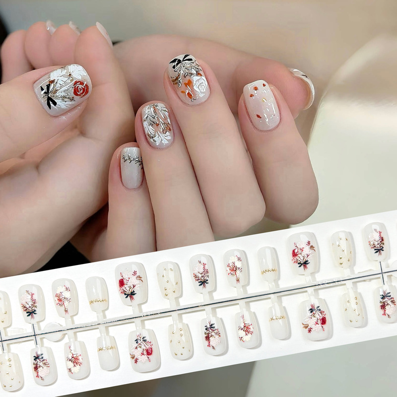 New Chinese Style Oil Painting Style Retro Hand-painted Dried Flower Wear Armor White Rose Red Rose Gilt Wave Dot Nail Art Patch