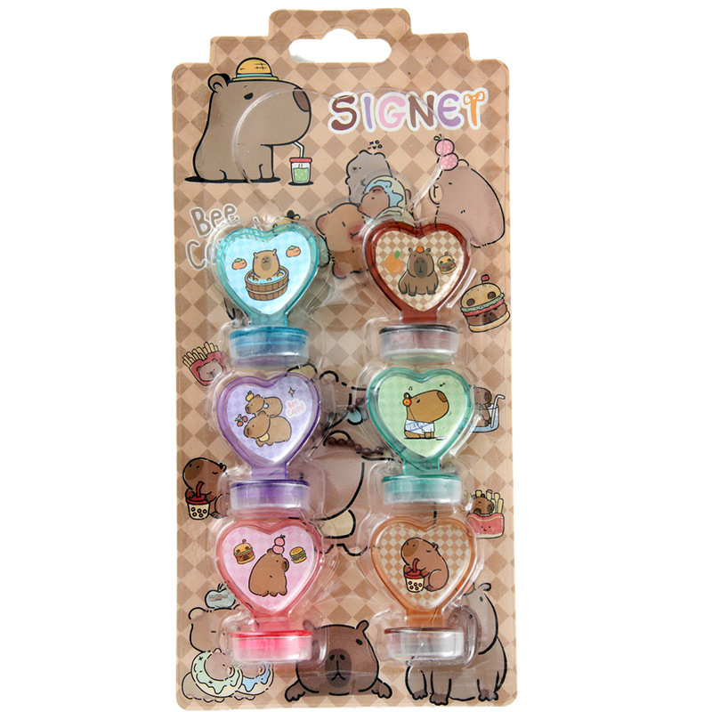 6 sellos de cartón de dibujos animados de barro colorido, sellos de libro de mano, artículos de papelería para estudiantes, pequeños regalos