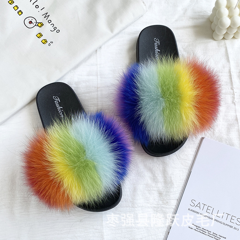 Amazon transfronterizo zapatillas de pelo de zorro real zapatillas de pelo de fondo plano zapatillas de pelo de mujer zapatillas de pelo de verano nuevas exportaciones