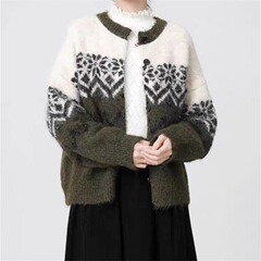 复古费尔岛圆领毛衣外套女2025秋冬新款宽松软糯厚款针织开衫上衣