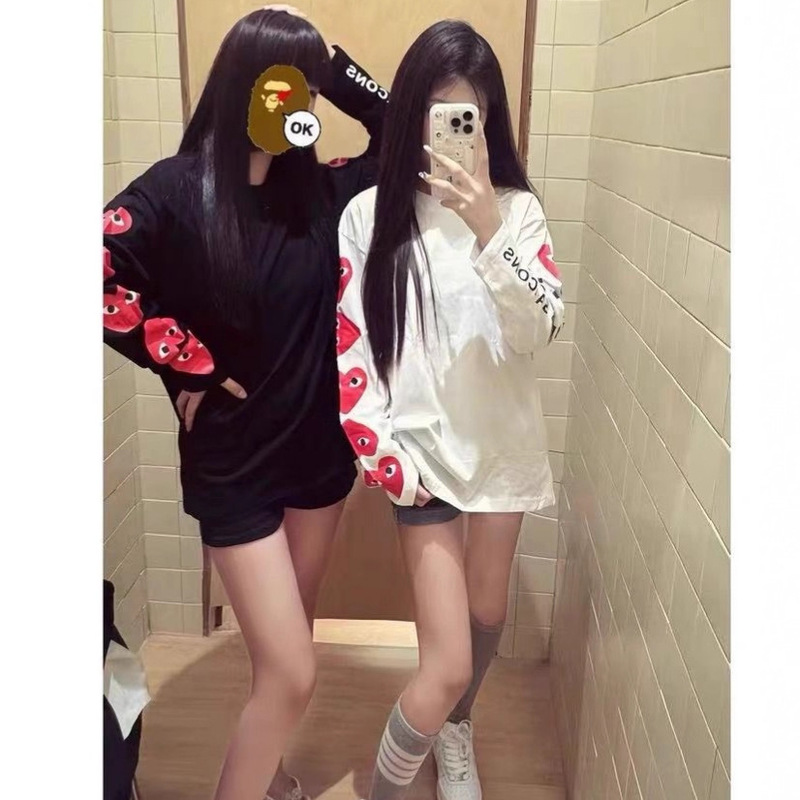 2025 American Retro Heart Printed Long-Sleeved T-Shirt for Women Autum New Loose Lazy Style Oversize Top