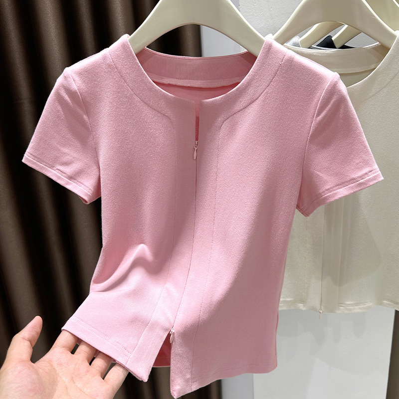 ピンク甘いドーパミンアイスシルクニット半袖 Tシャツ女性の夏 2025 新しいジッパースリットボトリングシャツトップ|undefined